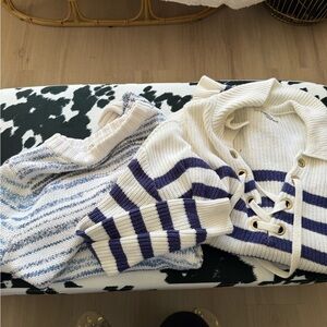 LOFT V-Neck Sweater in Cream and Blue Stripes & Margaret O'leary Blue and White